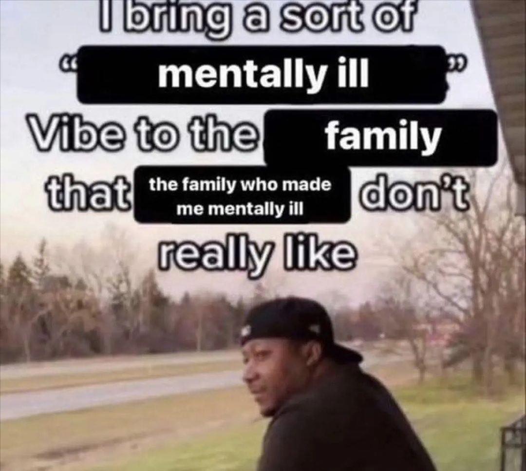 The meme features a person with a confused expression, with the text "I bring a sort of 'mentally ill' vibe to the family that... the family who made me mentally ill don't really like." The image is humorous and relatable, poking fun at the idea that one's family can be both the cause of their mental health struggles and the source of their frustration.